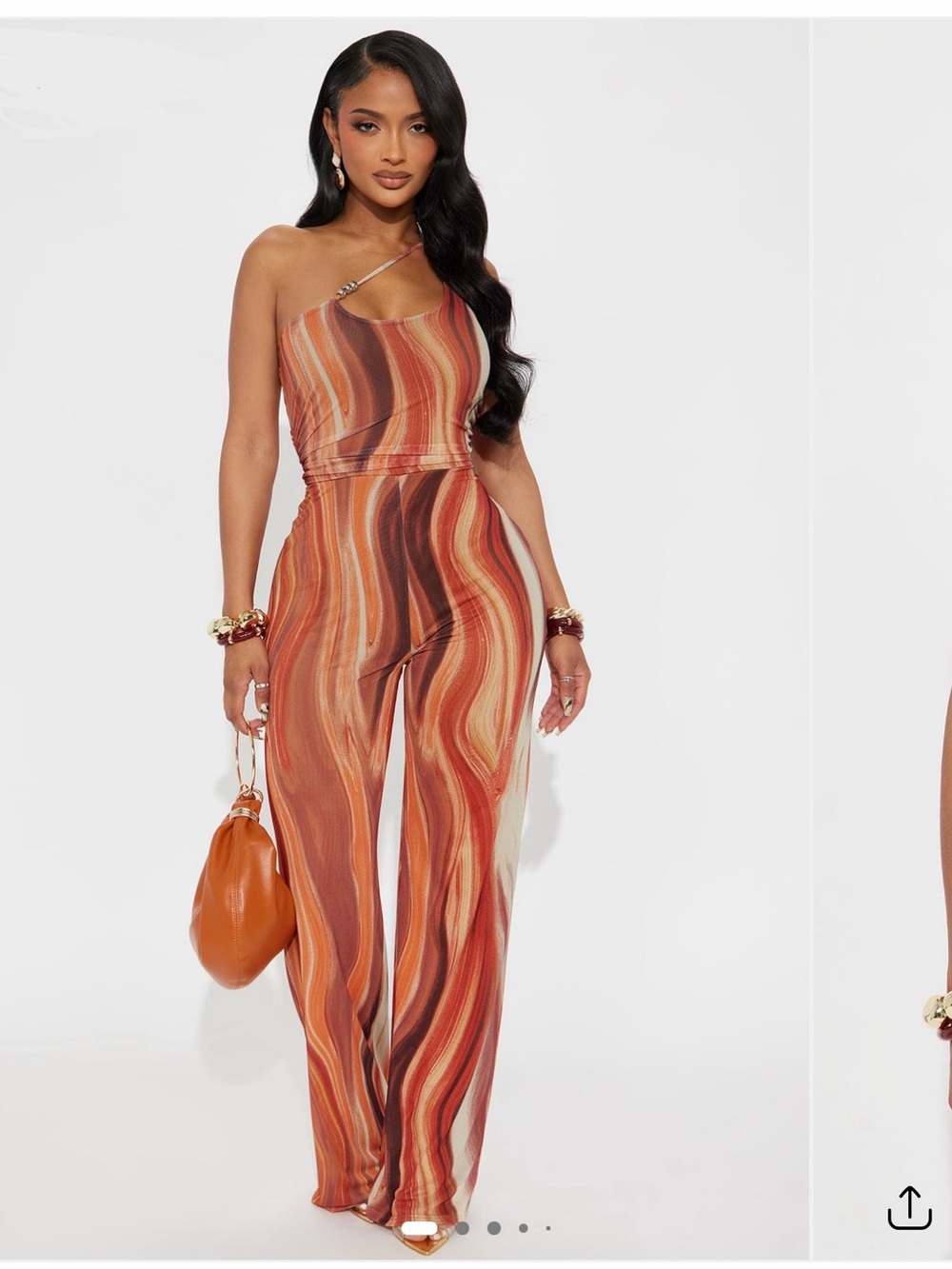 Asymmetrical One-Shoulder Orange Swirl Jumpsuit